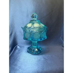 Fostoria Coin Pattern Ice Blue Pedestal Lidded Candy Dish